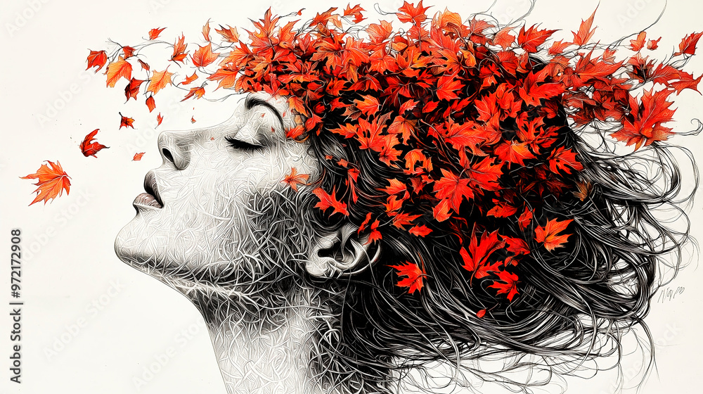 Fototapeta premium Woman embracing autumn with red maple leaves