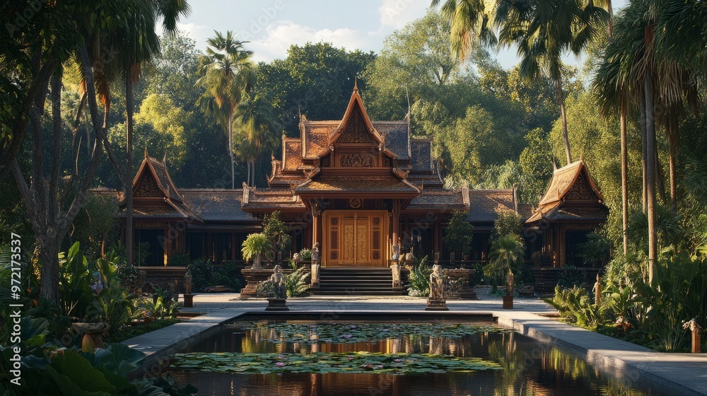 Obraz premium An ancient Thai palace with grand wooden doors, surrounded by lush gardens and lotus ponds, with towering palm trees nearby.