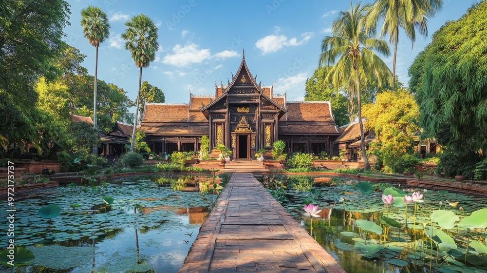 An ancient Thai palace with grand wooden doors, surrounded by lush gardens and lotus ponds, with towering palm trees nearby. An ancient Thai palace with grand wooden doors, surrounded by lush gardens and lotus ponds, with towering palm trees nearby.