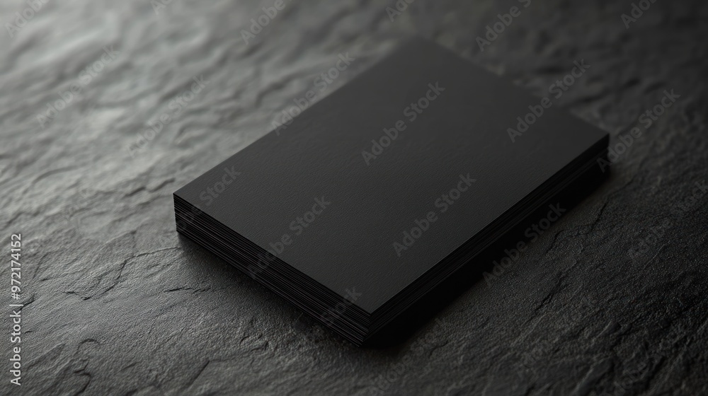 A stack of black business cards on a textured surface, emphasizing simplicity and elegance.