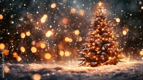 A glowing Christmas tree with falling snow and twinkling lights in the background.