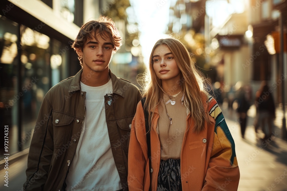 High-resolution brightly lit photorealistic candid photograph of a young couple walking side by side on a trendy street, their outfits exuding modern style. The image captures a light, happy feel, High-resolution brightly lit photorealistic candid photograph of a young couple walking side by side on a trendy street, their outfits exuding modern style. The image captures a light, happy feel,