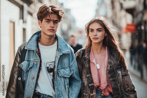 High-resolution brightly lit photorealistic candid photograph of a young couple walking side by side on a trendy street, their outfits exuding modern style. The image captures a light, happy feel,