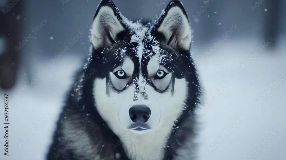 A Siberian Husky with striking blue eyes stares intently at the camera while standing in a snowy forest. A Siberian Husky with striking blue eyes stares intently at the camera while standing in a snowy forest.