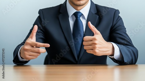 Corporate negotiator using hand gestures to emphasize a point, negotiation influence, gestural communication