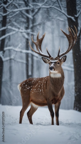 A deer stands in the snowy forest with its head and antlers up looking at camera