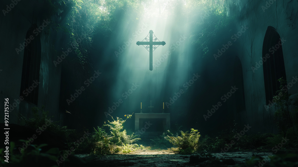Naklejka premium Religious background. A Churche with cross and light coming from behind. Christianity concept