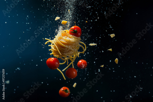 Außergewöhnliche Spaghetti-Foodfotografie: Kreative Pasta-Komposition. Kulinarische Kunst, appetitanregende Präsentation. Italienische Küche, Gourmet-Stillleben. Hochwertig, detailreich photo