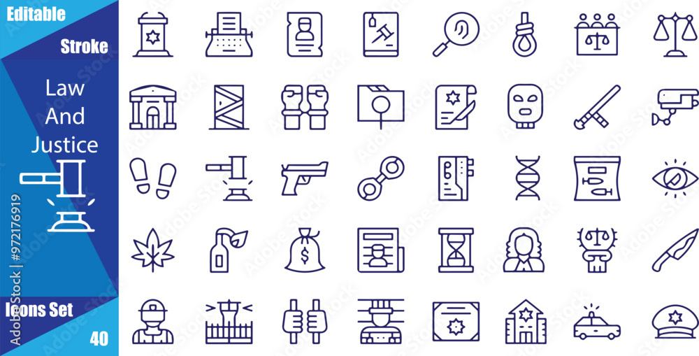 Law and justice minimal thin line web icon set Outline editable icons collection Simple vector illustration Law and justice minimal thin line web icon set Outline editable icons collection Simple vector illustration