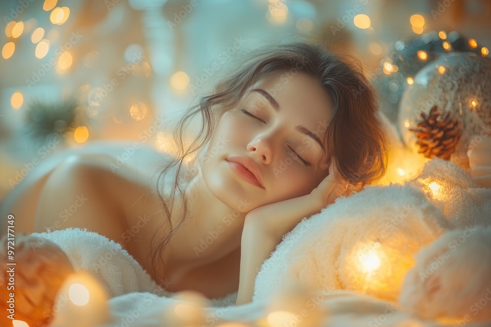 High-resolution brightly lit photorealistic candid photograph of a beautiful presenter woman in a spa, enveloped in soft light, surrounded by tranquil spa decorations, radiating a sense of High-resolution brightly lit photorealistic candid photograph of a beautiful presenter woman in a spa, enveloped in soft light, surrounded by tranquil spa decorations, radiating a sense of