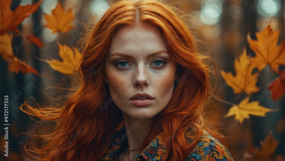 A woman with red hair stands in front of some yellow trees with yellow leaves A woman with red hair stands in front of some yellow trees with yellow leaves