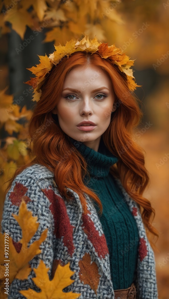 A woman with red hair stands in front of some yellow trees with yellow leaves A woman with red hair stands in front of some yellow trees with yellow leaves
