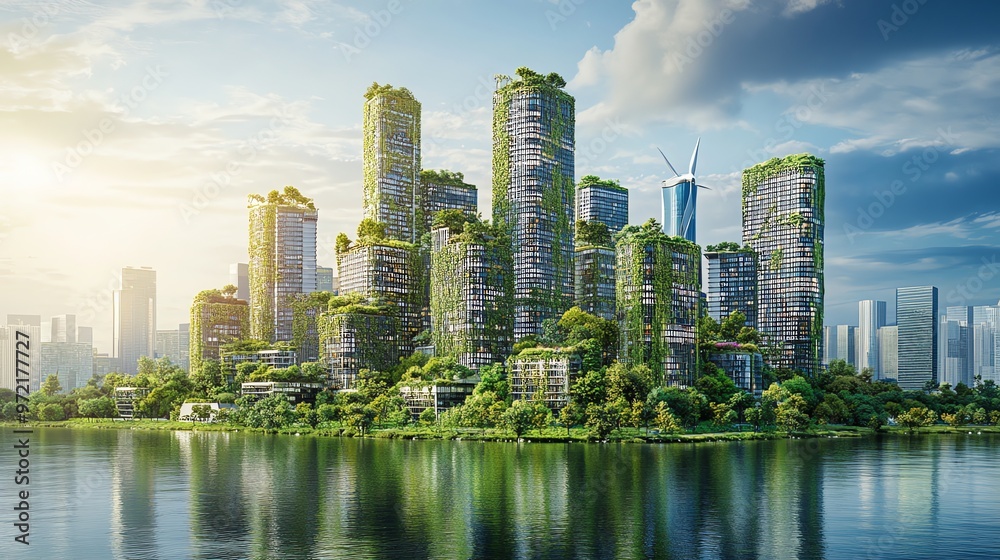 Fototapeta premium Modern eco-friendly city with skyscrapers covered in greenery.