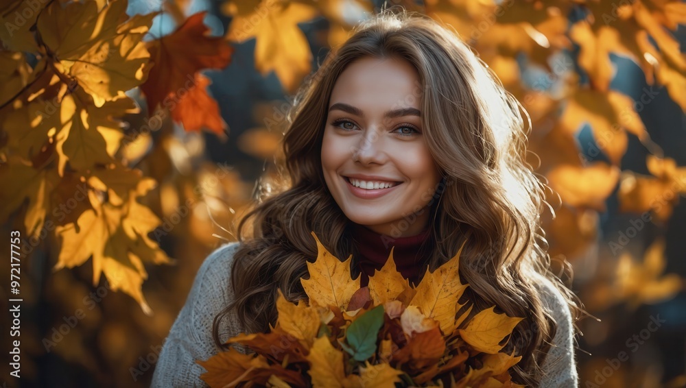 A Brunette woman stands in front of some yellow trees with yellow leaves A Brunette woman stands in front of some yellow trees with yellow leaves