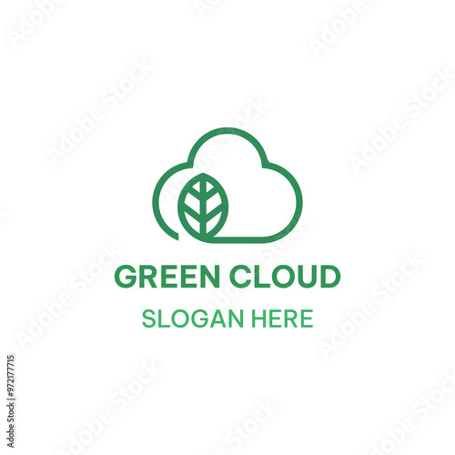 Green cloud logo template in simple line style. Cloud and leaf vector illustration