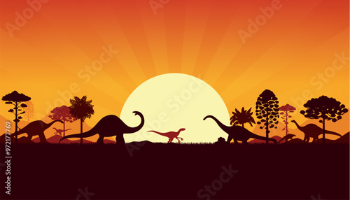 Prehistoric dinosaur silhouettes on sunset sky vector background. Jurassic forest nature landscape with tree, sun and dino animal silhouettes. Eoraptor, apatosaurus and cetiosaurus dinosaurs