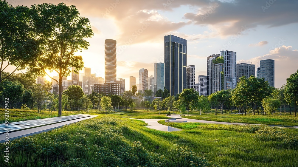 Fototapeta premium A park with tall buildings in the background, a walking path, and a sunset in the sky.