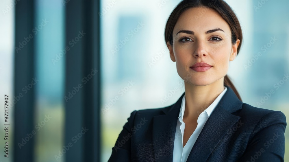Female executive in a sharp suit negotiating in a high-rise office, negotiation influence, corporate power Female executive in a sharp suit negotiating in a high-rise office, negotiation influence, corporate power