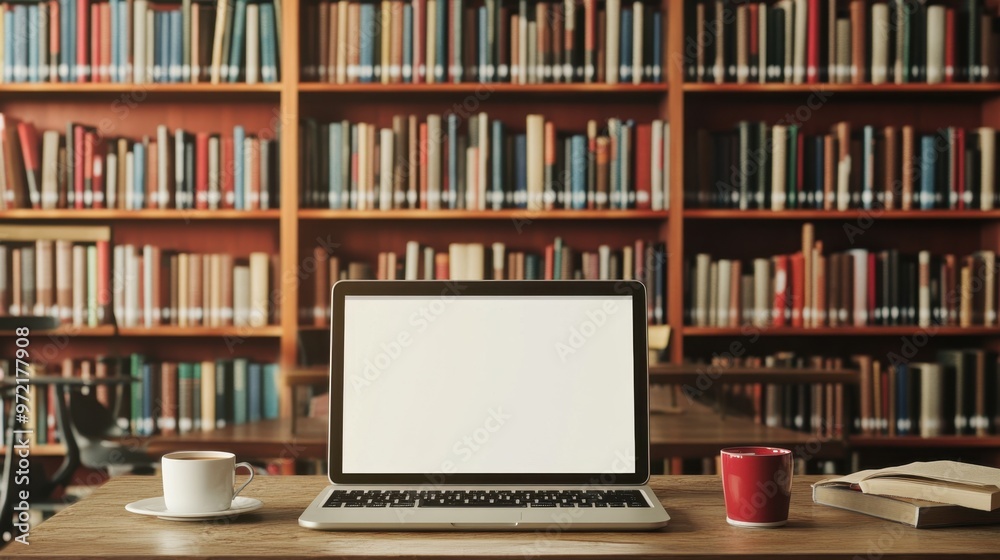 Laptop with blank screen on table and coffee cup in Night library,bookstore interior with Learning and coworking space,relax zone,Library with rows of bookshelves,school,university,education concept. Laptop with blank screen on table and coffee cup in Night library,bookstore interior with Learning and coworking space,relax zone,Library with rows of bookshelves,school,university,education concept.