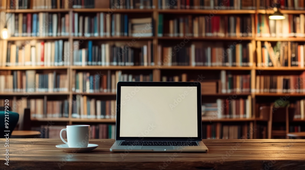 Laptop with blank screen on table and coffee cup in Night library,bookstore interior with Learning and coworking space,relax zone,Library with rows of bookshelves,school,university,education concept. Laptop with blank screen on table and coffee cup in Night library,bookstore interior with Learning and coworking space,relax zone,Library with rows of bookshelves,school,university,education concept.
