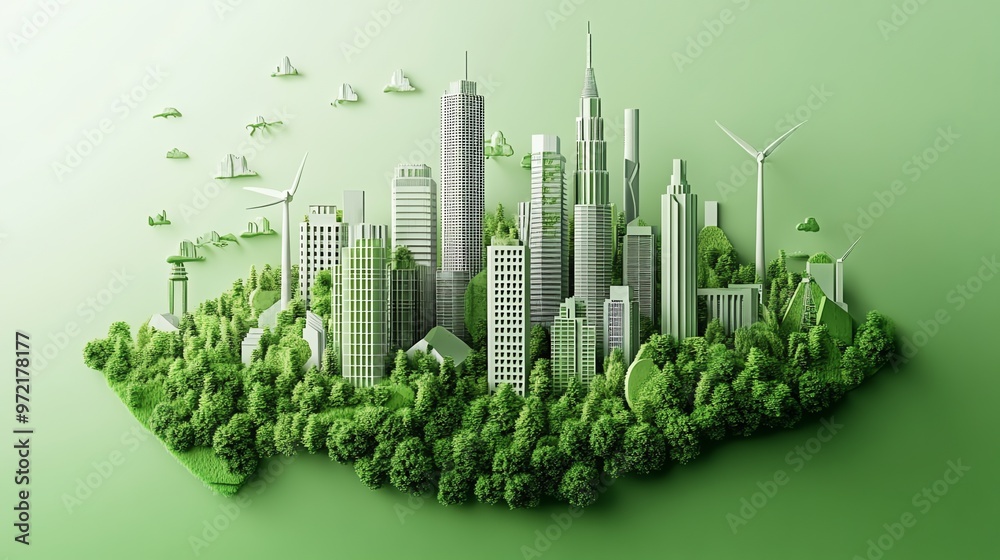 Fototapeta premium A 3D illustration of a green city with wind turbines and trees.