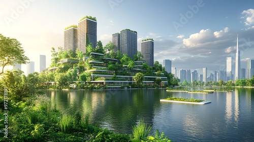 Futuristic city with green buildings and a lake in front.