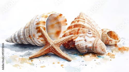 Creative large starfish on the beach among shells and peals in light red and light pink sandy colors. Summer vacation sea holiday background.