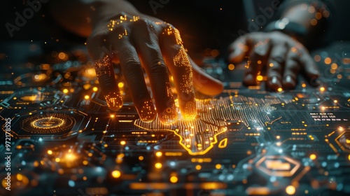 Businessman using global network and data transfer technology on a digital map with business icons, with glowing yellow lights around for the internet connection concept in an office background. 