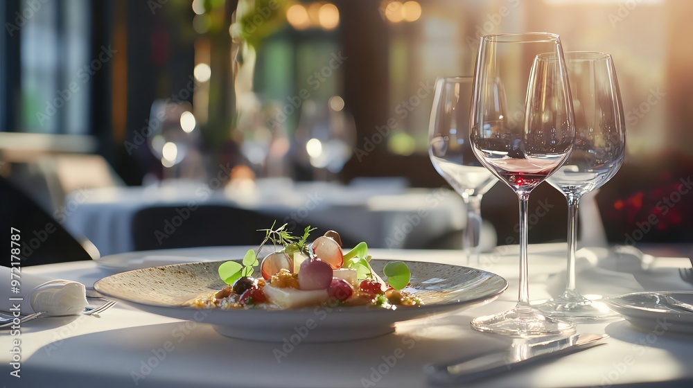 Elegant table setting with wine glasses and a gourmet dish. Elegant table setting with wine glasses and a gourmet dish.