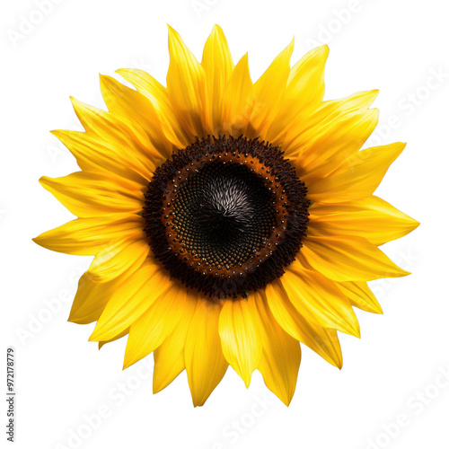 Bright yellow sunflower with a dark center stands out againsta transparent background photo