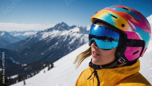 Skier woman wearing a colorful ski helmet and goggles stands on a snowy mountain