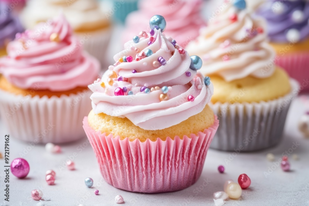 Cupcakes with swirled frosting and delicate decorations
