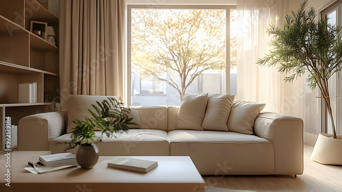 Wallpaper Mural Japandi living room interior with cozy beige couch, modern minimalist design of apartment Torontodigital.ca