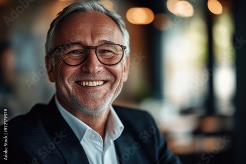 Wallpaper Mural High-resolution brightly lit photorealistic candid photograph of a senior businessman beaming with happiness. Styled like a high-end lifestyle magazine with a light, happy feel. Torontodigital.ca