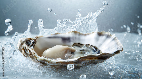 freshly opened oyster shell with droplets of seawater splashing around it photo