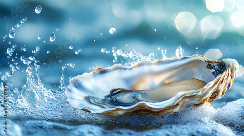 freshly opened oyster shell with droplets of seawater splashing around it photo