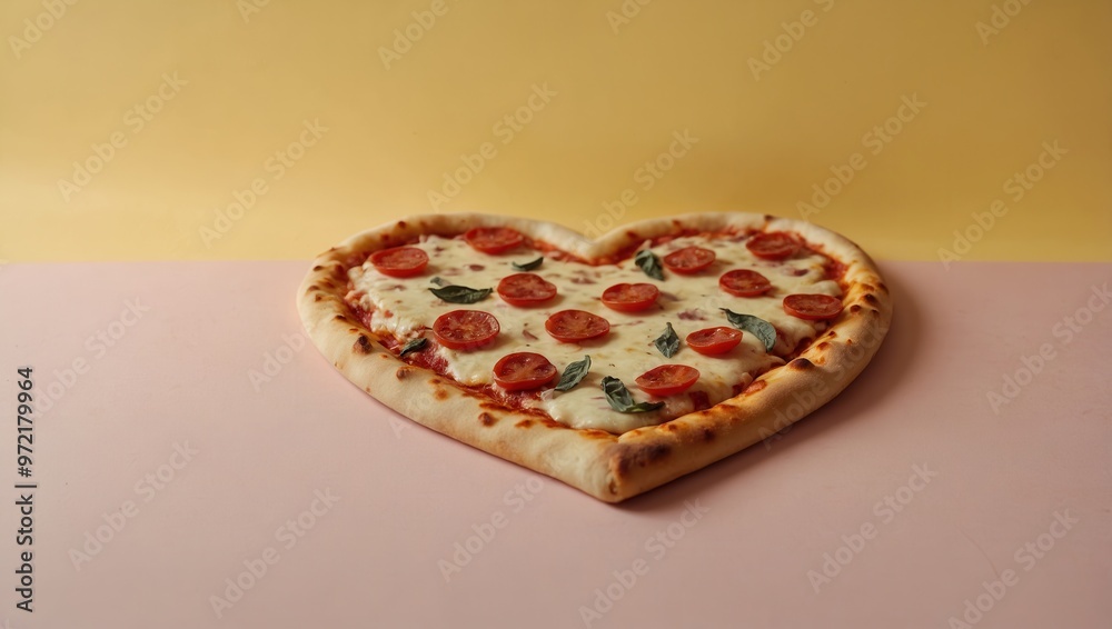 Delicious Heart-shaped pizza with melted cheese tomatoes and basil on top Delicious Heart-shaped pizza with melted cheese tomatoes and basil on top