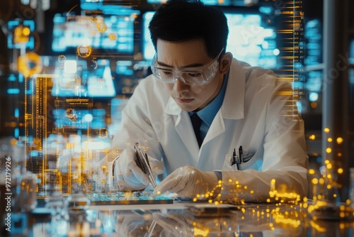 Very realistic and photographic photo of an Asian Chinese lab chemist working meticulously on a lab test using cutting-edge technology. The futuristic environment features complex data projections,