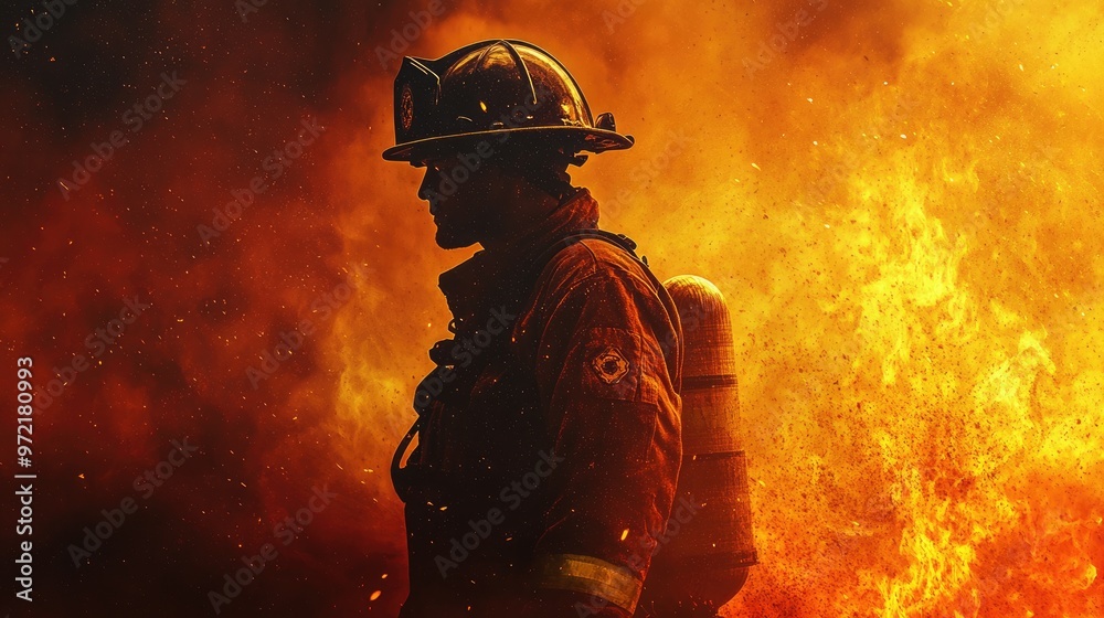 A silhouetted firefighter stands against a backdrop of flames, a testament to courage and bravery in the face of danger.