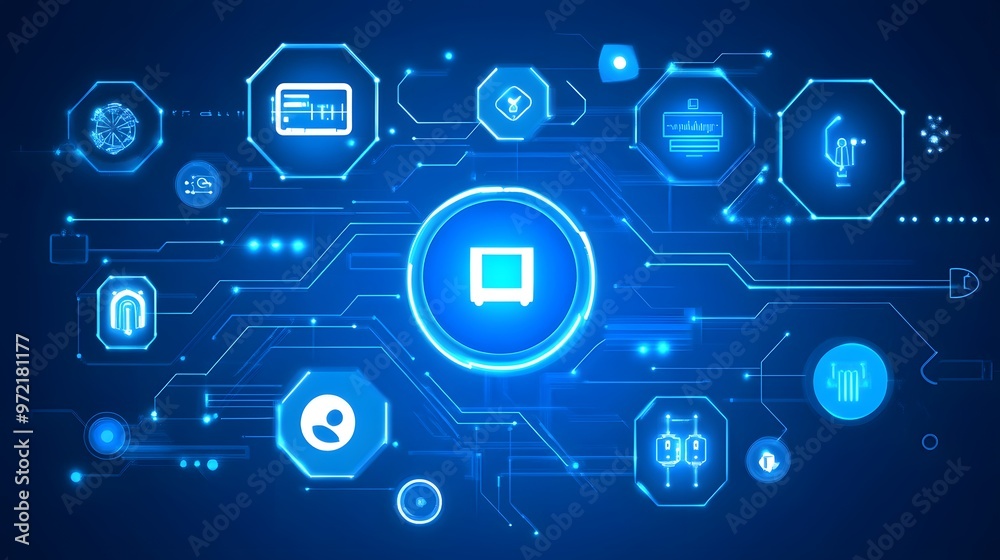 Futuristic Technology Network Concept with Blue Glowing Icons Futuristic Technology Network Concept with Blue Glowing Icons