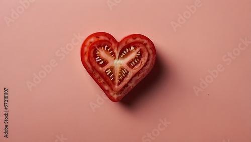 Heart-shaped tomato slice sitting on a pink background