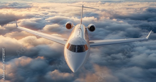 A sleek luxury private jet soaring high above the clouds, symbolizing wealth, exclusivity, and premium air travel. 