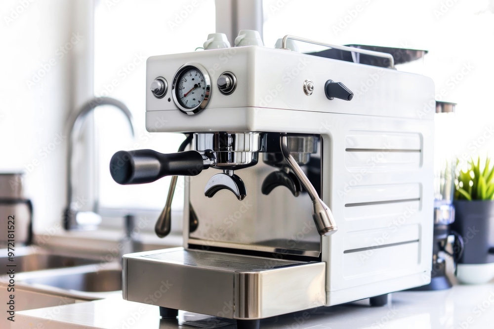 A modern espresso machine in a bright kitchen, showcasing sleek design and functionality for coffee enthusiasts. A modern espresso machine in a bright kitchen, showcasing sleek design and functionality for coffee enthusiasts.