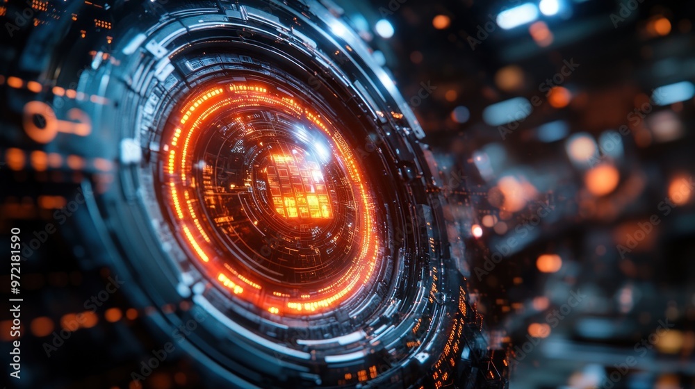 Futuristic digital interface with glowing circular design elements.