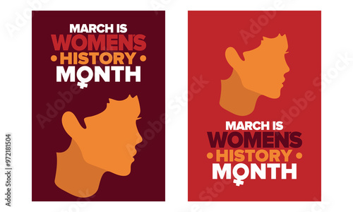 Women's History Month. Celebrated annual in March, to mark women’s contribution to history. Female symbol. Women's rights. Girl power in world. Poster, postcard, banner. Vector illustration