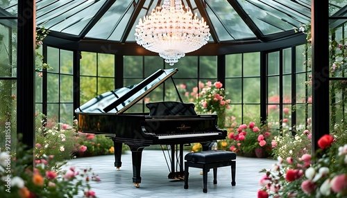 Elegant glass gazebo featuring a black grand piano beneath a stunning crystal chandelier, adorned with lush flowers in a picturesque garden setting. photo