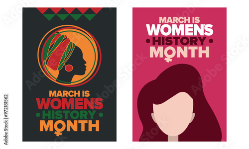 Women's History Month. Celebrated annual in March, to mark women’s contribution to history. Female symbol. Women's rights. Girl power in world. Poster, postcard, banner. Vector illustration