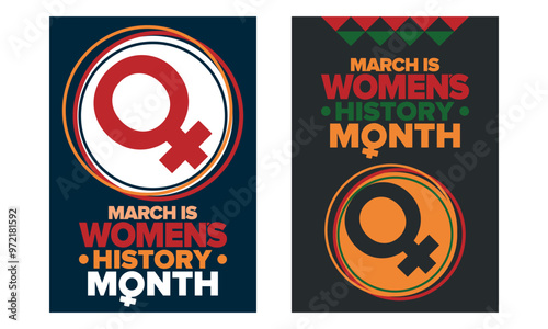 Women's History Month. Celebrated annual in March, to mark women’s contribution to history. Female symbol. Women's rights. Girl power in world. Poster, postcard, banner. Vector illustration