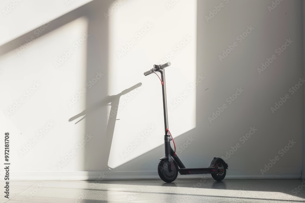 A sleek electric scooter stands against a well-lit wall, casting a long shadow in a modern space. A sleek electric scooter stands against a well-lit wall, casting a long shadow in a modern space.