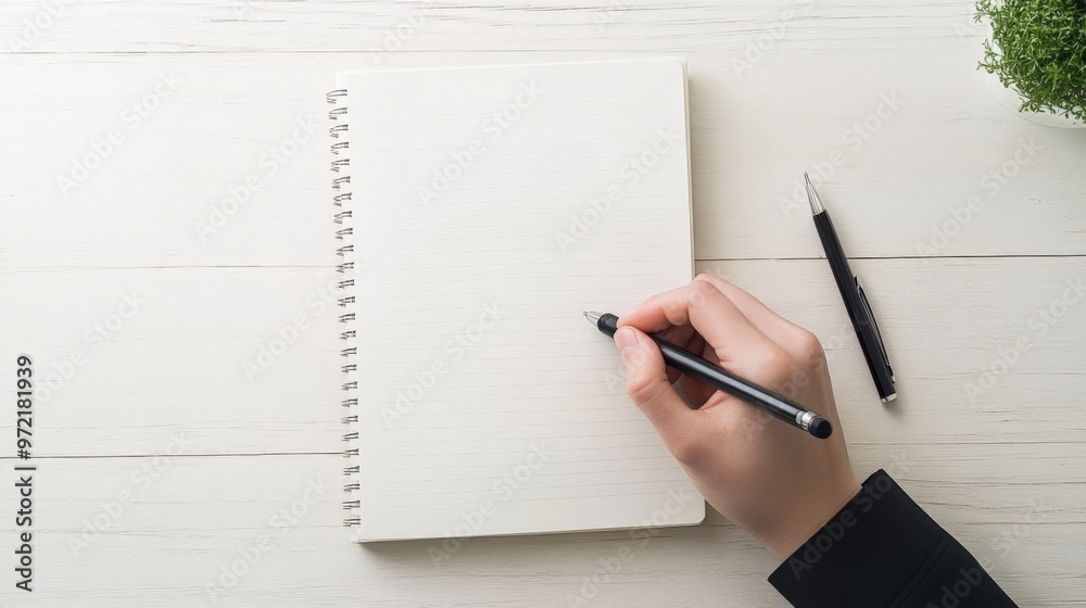 A hand writing in a blank notebook with a pen, symbolizing creativity, planning, or note-taking in a minimalistic workspace. A hand writing in a blank notebook with a pen, symbolizing creativity, planning, or note-taking in a minimalistic workspace.